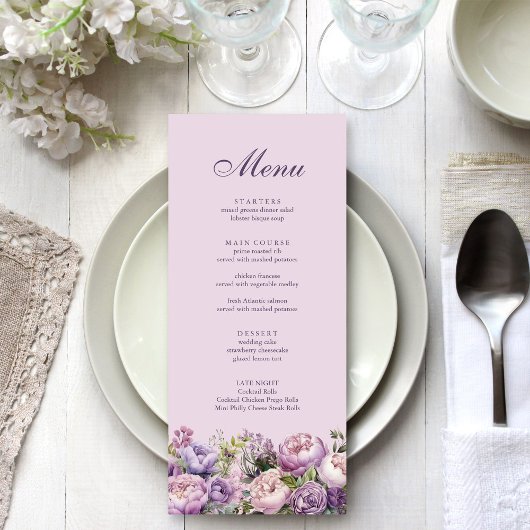 Menu de mariage floral lilac bohème