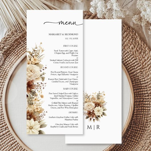 Menu de mariage floral neutre Boho rustique