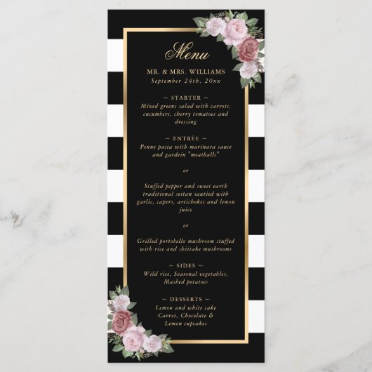 Menu de Mariage Floral Noir Or Blush Rose (Devant)