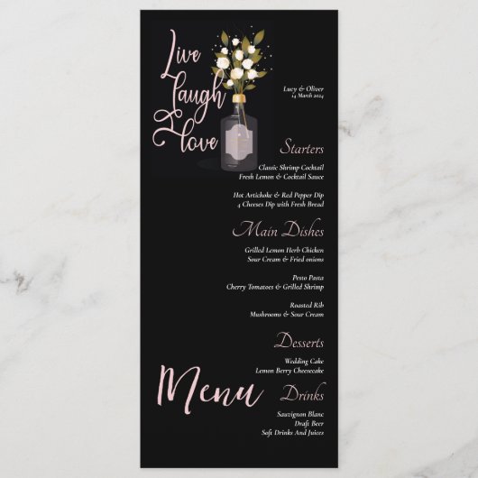 Menu de Mariage floral noir personnalisé avec devi (Devant)