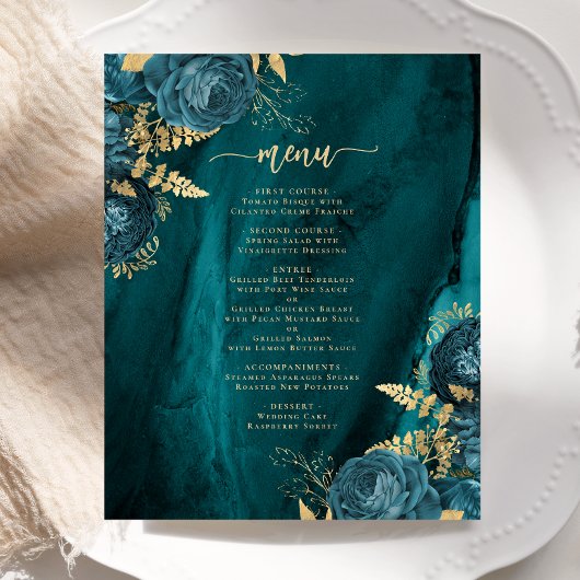 Menu de mariage floral or bleu sarcelle à budget