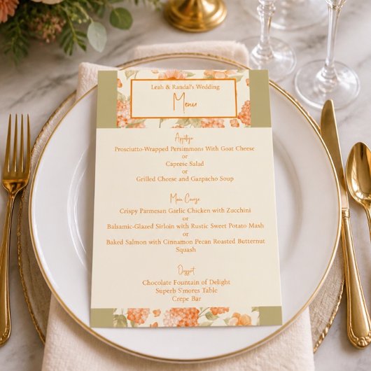 Menu de mariage floral orange 4,5" x 6,25"