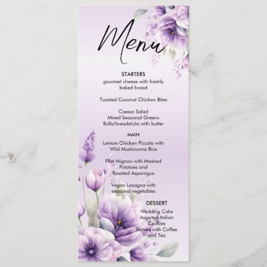 Menu de mariage floral pourpre aquarelle (Devant)