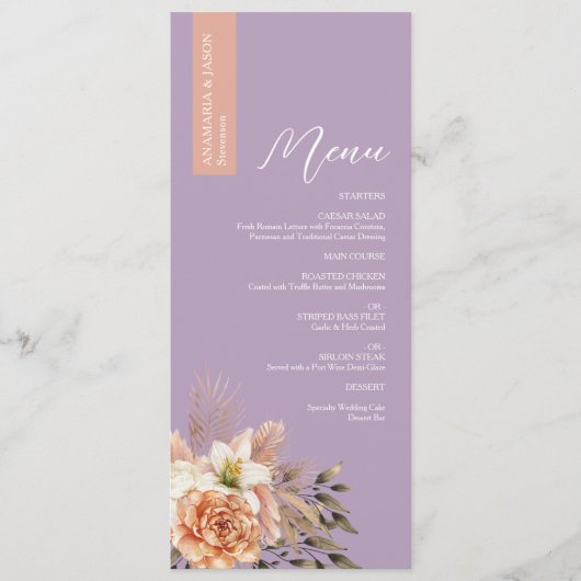 Menu de mariage floral pourpre rustique avec nom (Devant)