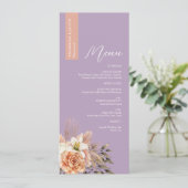 Menu de mariage floral pourpre rustique avec nom (Debout devant)