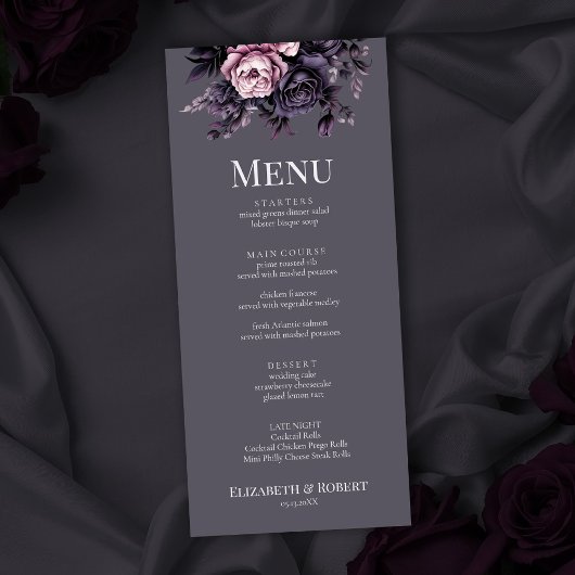 Menu de mariage floral prune gothique