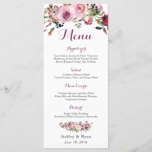 Menu de Mariage Floral Rose Chic Rose (Devant)