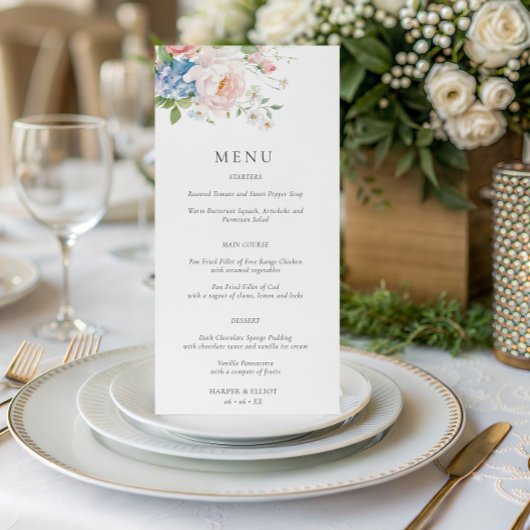 Menu de mariage floral rose et bleu pastel pour le
