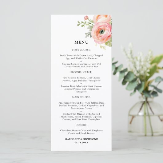Menu de Mariage floral rose pâle (Debout devant)