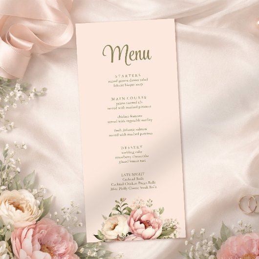 Menu de mariage floral rose poudré