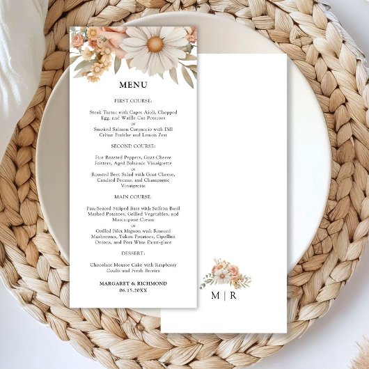 Menu de mariage floral rose poudré boho