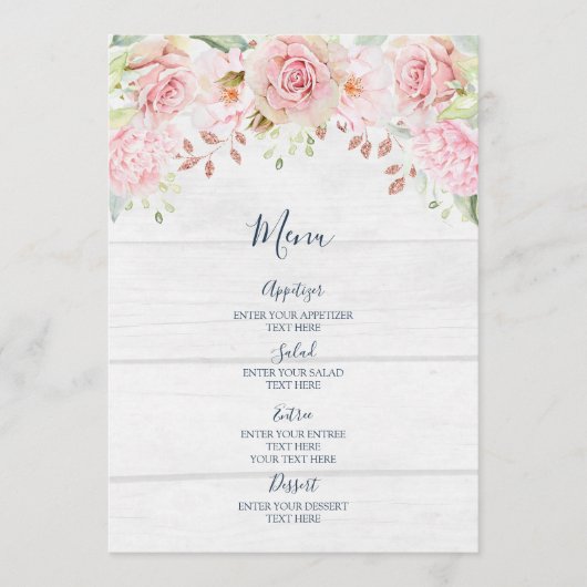 Menu de mariage floral rose rustique de printemps (Devant)