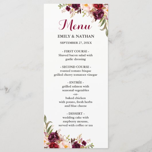 Menu de mariage floral rouge Bourgogne (Devant)