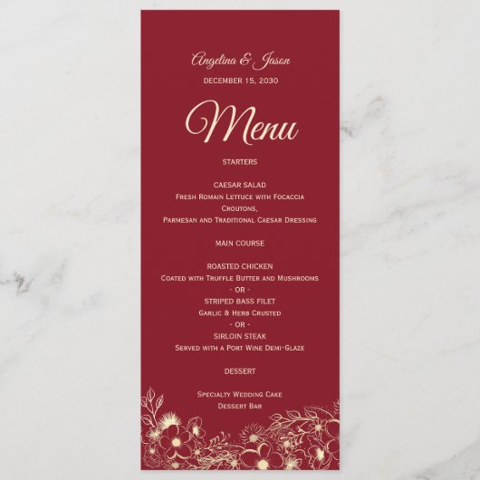 Menu de mariage floral rouge élégant (Devant)