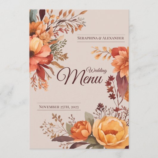 Menu de mariage floral rustique aquarelle d'automn (Devant)