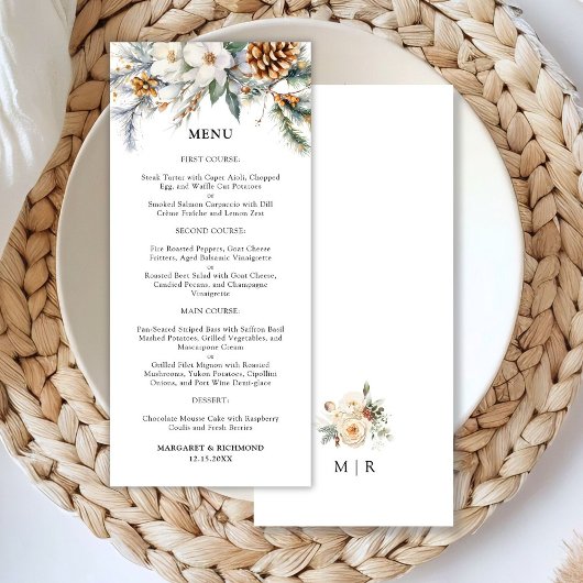 Menu de mariage floral rustique d'hiver