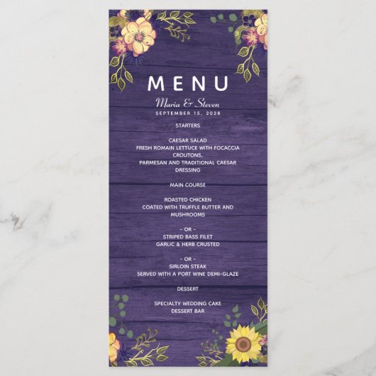 Menu de mariage floral rustique violet (Devant)