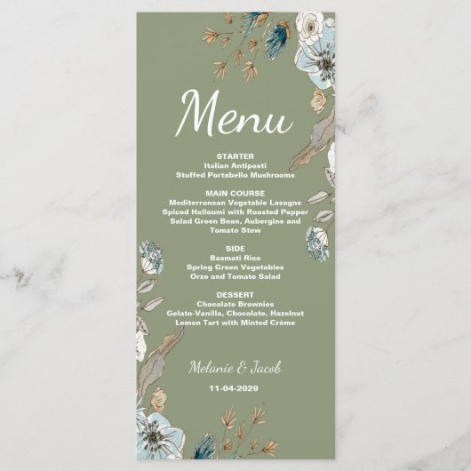 Menu de mariage floral Sage rustique 4x9 plat (Devant)