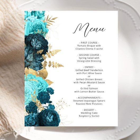 Menu de mariage floral script or aqua sarcelle Bud