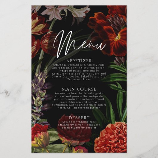 Menu de mariage floral sombre et lunatique (Devant)
