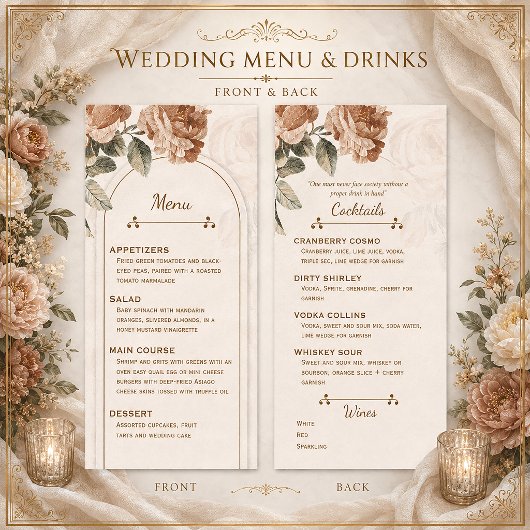 Menu de mariage floral terracotta Bohème rustique 