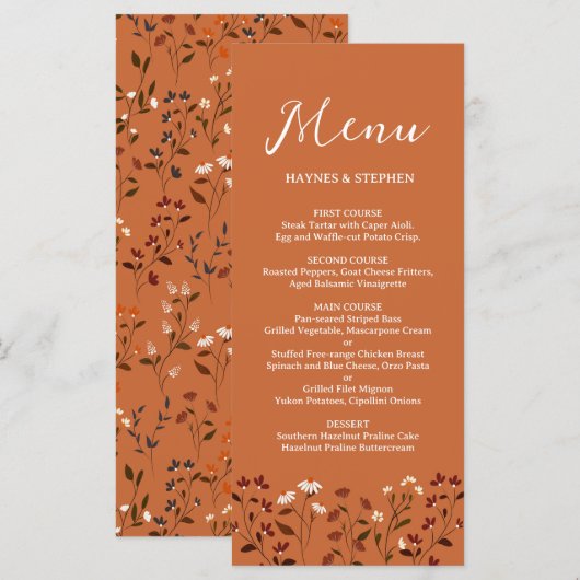 Menu de mariage floral terracotta rustique (Devant / Derrière)