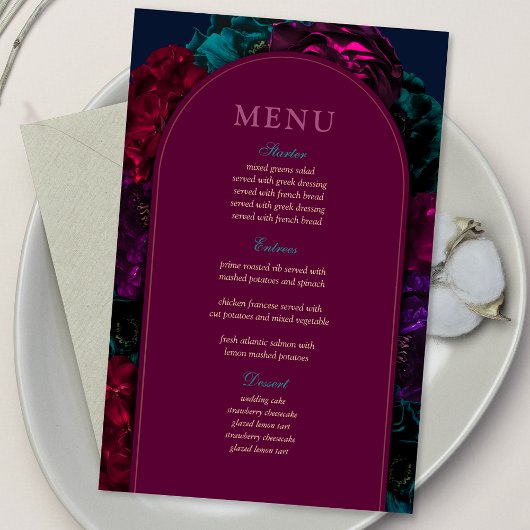 Menu de mariage floral tons de bijoux chic bordeau