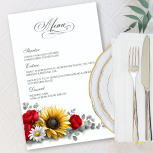 Menu de mariage floral tournesol et rose rouge