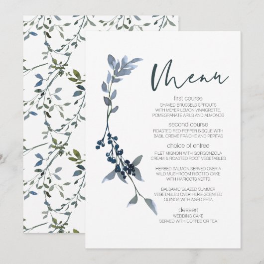 Menu de mariage floral vert argenté de sauge (Devant / Derrière)