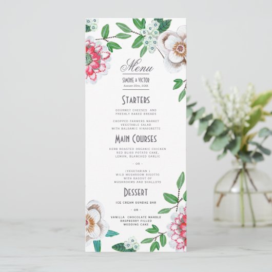 Menu de mariage floral vert botanique rose (Debout devant)