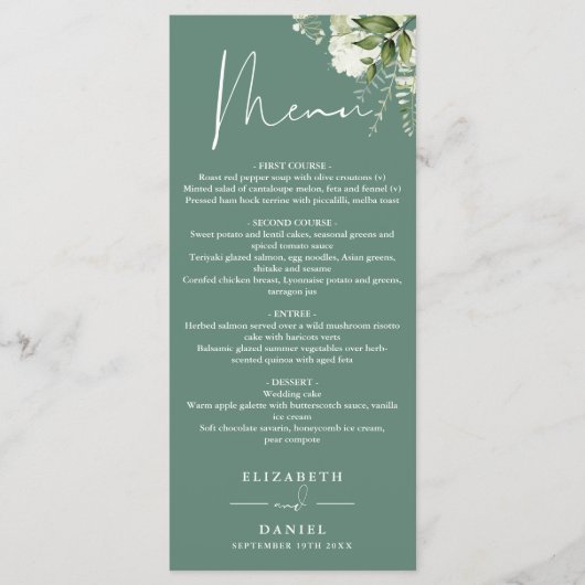 Menu de mariage floral vert eucalyptus Monogramme (Devant)
