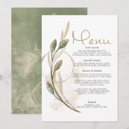 Menu de mariage floral vert sauge or (Devant / Derrière)