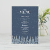 Menu de mariage forestier rustique bleu en hiver (Debout devant)