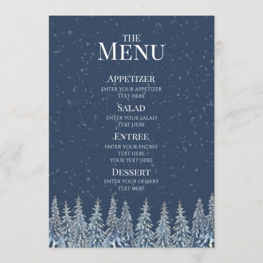 Menu de mariage forestier rustique bleu en hiver (Devant)