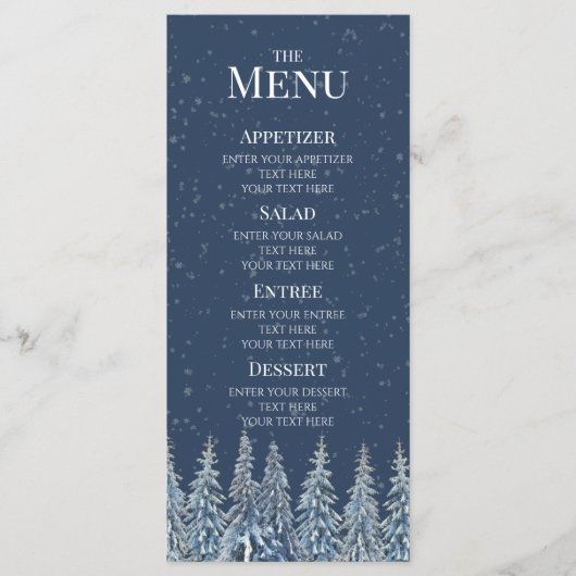 Menu de mariage forêt hivernale rustique bleu (Devant)