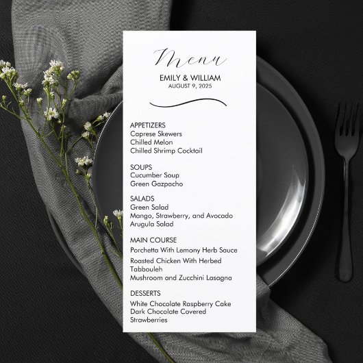 Menu de mariage formel et élégant