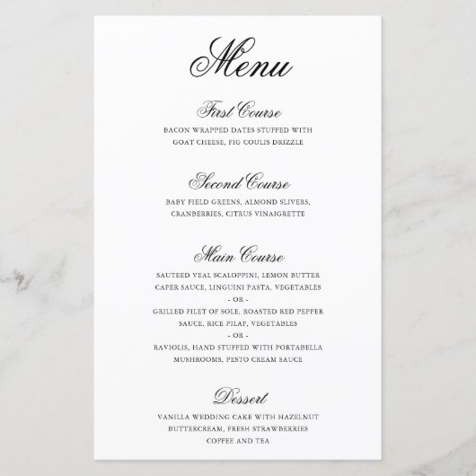 Menu de mariage formel noir et blanc traditionnel (Devant)