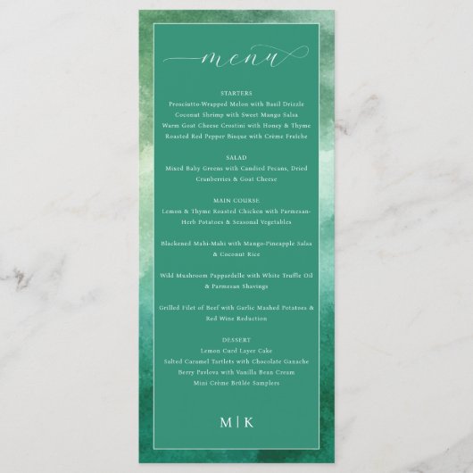 Menu de mariage formel vert élégant (Devant)