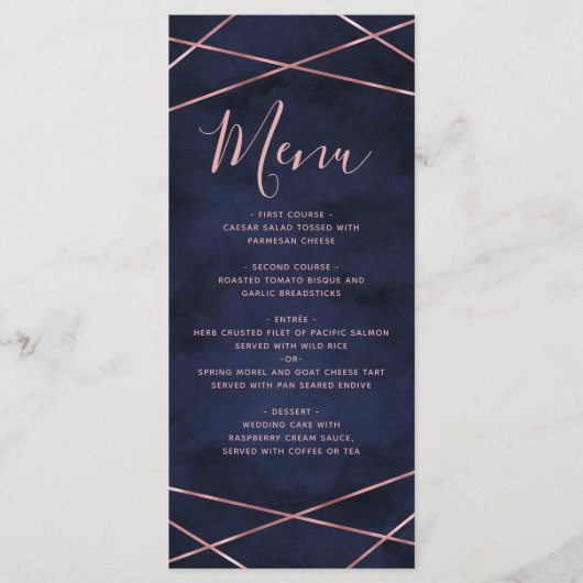 Menu de Mariage géométrique bleu marine et Rose or (Devant)
