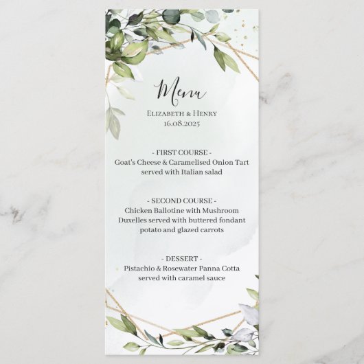Menu de mariage géométrique eucalyptus or vert sau (Devant)
