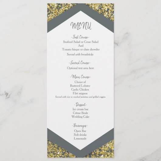 Menu de mariage glamour paillettes grises et dorée (Devant)