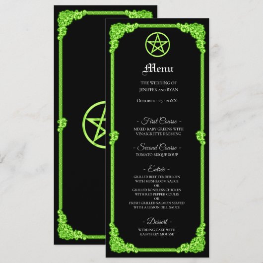 Menu de mariage gothique à l'éclat vert ensorcelé (Devant / Derrière)