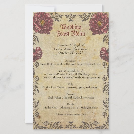 Menu de mariage gothique avec fleurs sombres et st (Devant)