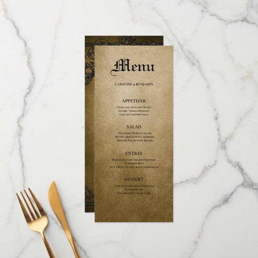 Menu de mariage gothique élégant d'Halloween (Devant/Arrière en situation)