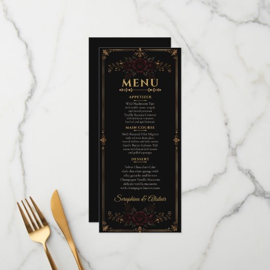 Menu de mariage gothique élégant et sombre (Devant/Arrière en situation)
