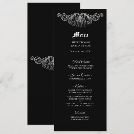 Menu de mariage gothique élégant noir et blanc (Devant / Derrière)