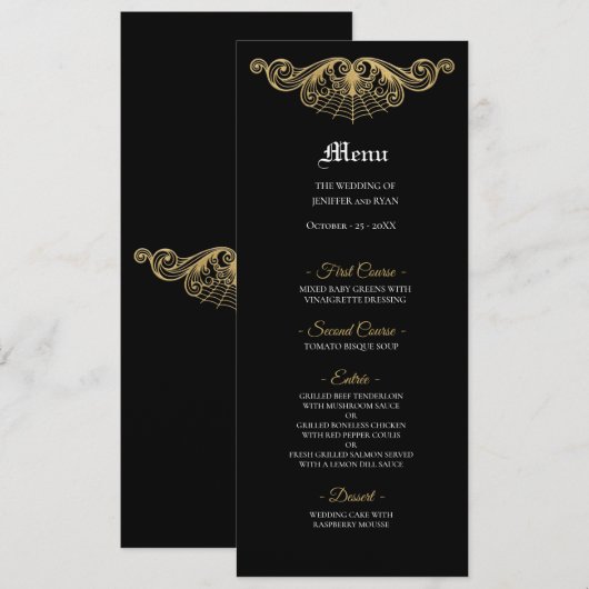 Menu de mariage gothique élégant noir et or (Devant / Derrière)