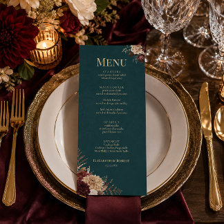 Menu de mariage gothique floral sarcelle foncé