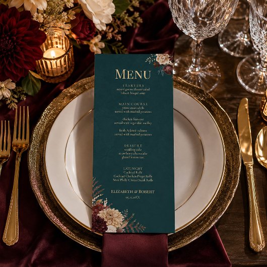 Menu de mariage gothique floral sarcelle foncé