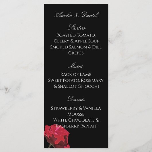 Menu de mariage gothique rose rouge sur fond noir (Devant)